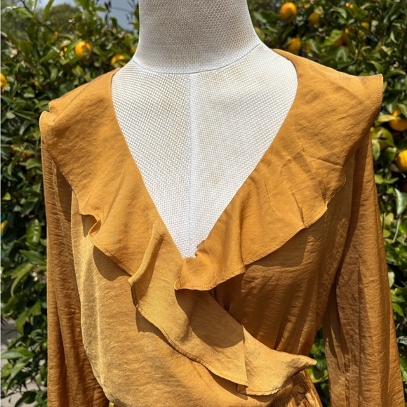 Express Yellow Ruffled Wrap Dress with Bishop Sleeves - Picture 4 of 6